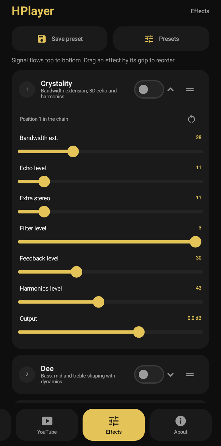 The Effects screen with one effect opened up, showing its sliders, and the rest of the effects stacked below it.