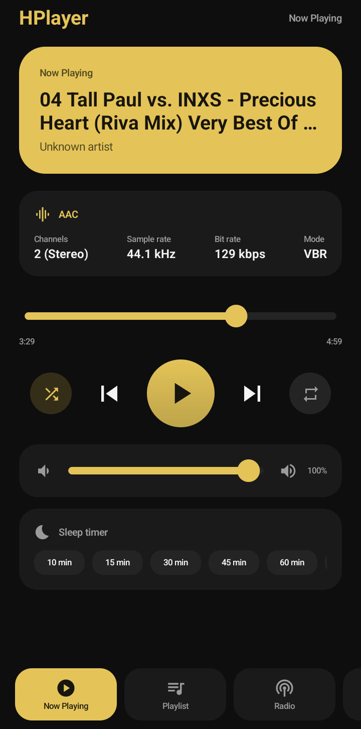 HPlayer playing a track, showing the title, the sound quality, a progress bar, play controls, a volume slider and a sleep timer.