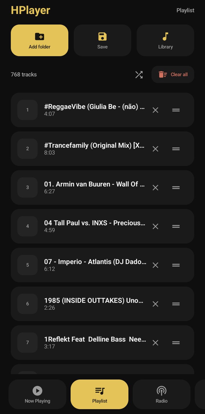 The Playlist screen showing hundreds of tracks with their lengths, each row with a remove button and a handle for dragging it up or down.