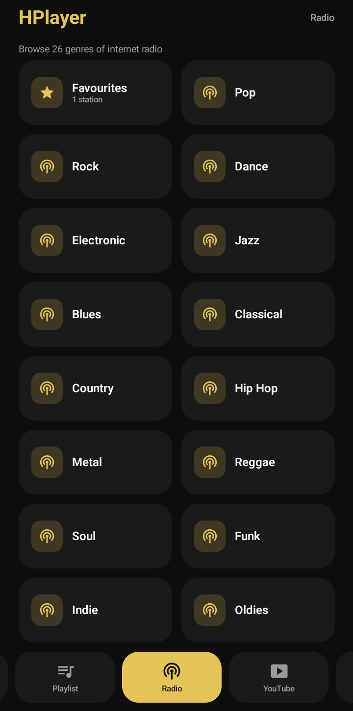The Radio screen showing a Favourites card followed by genre tiles: Pop, Rock, Dance, Electronic, Jazz, Blues, Classical, Country, Hip Hop, Metal, Reggae, Soul, Funk, Indie and Oldies.